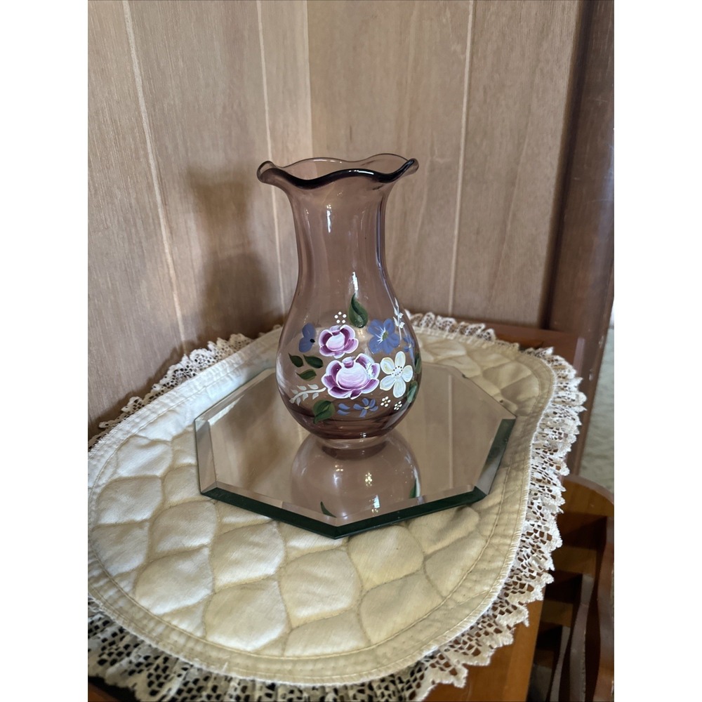 Fenton Designed Teleflora Amethyst Glass Vase 8" Hand Painted Flower Vase
